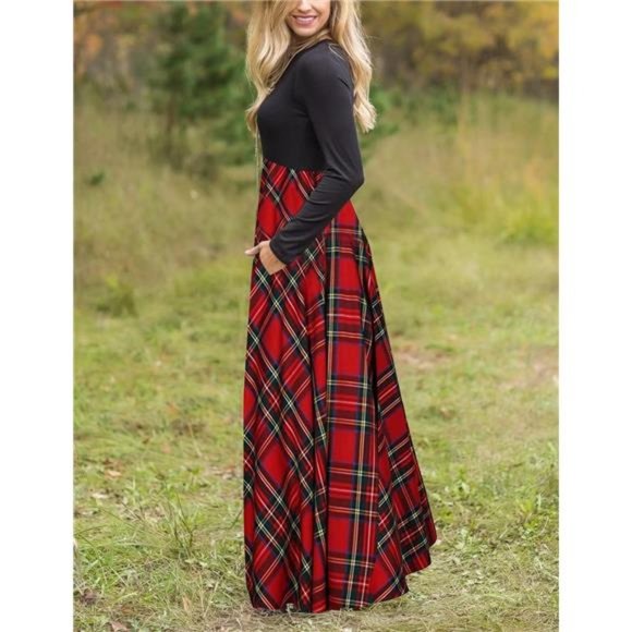 Women's Long Sleeve Plaid‎ Empire Waist Full Length Maxi Dress with Pockets - Picture 3 of 6